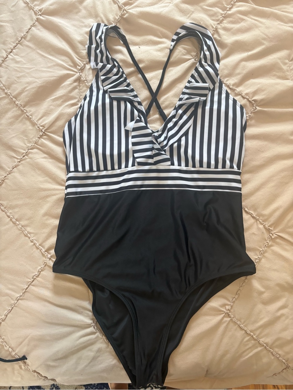 Black & White Striped One-Piece Swim Suit with Ruffle V-Neck